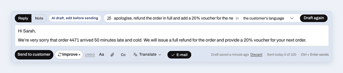 The reply box with AI drafts, Improve and Translate