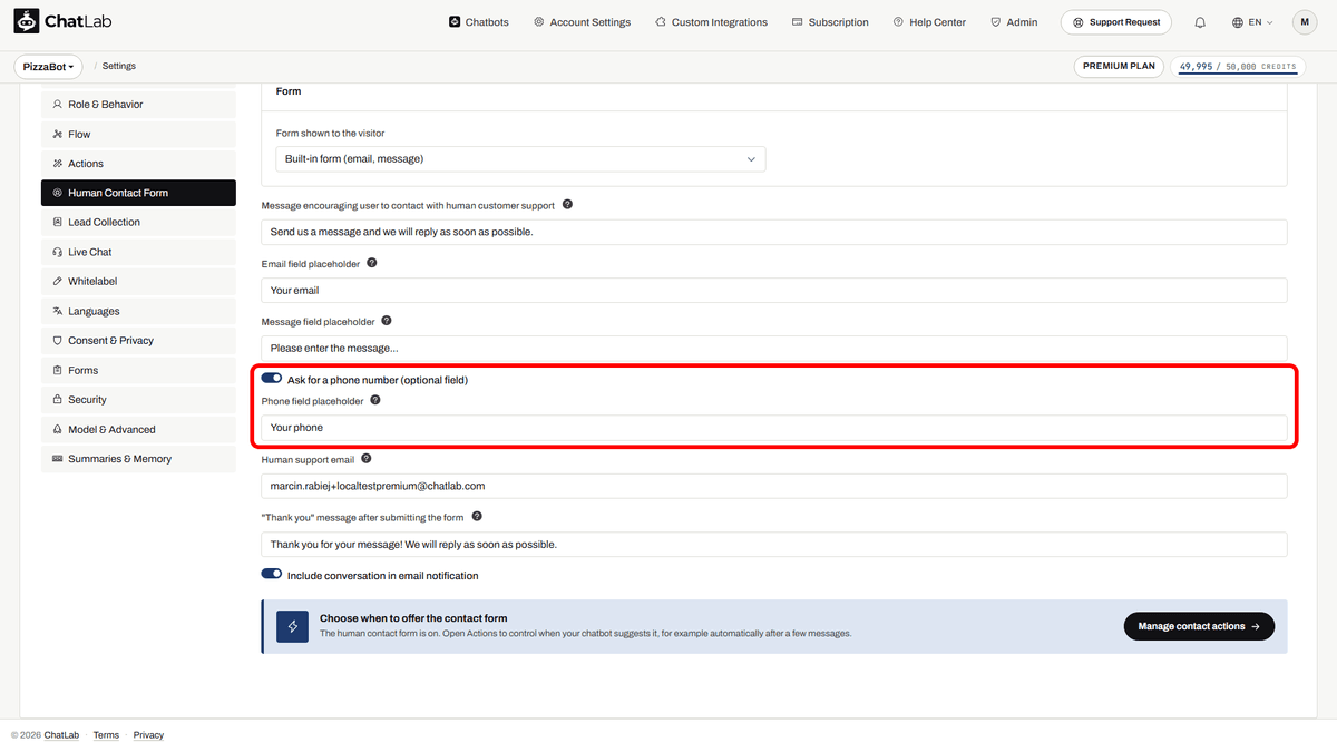 Ask for a phone number switch and Phone field placeholder
