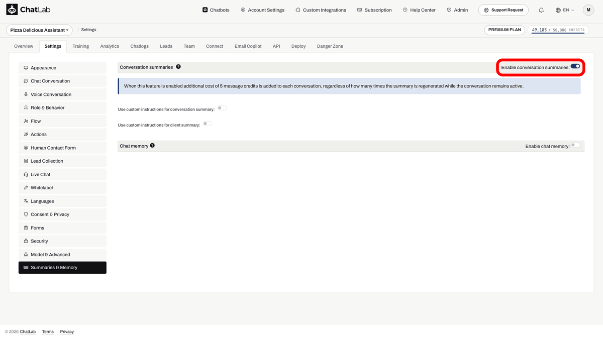 Enable conversation summaries