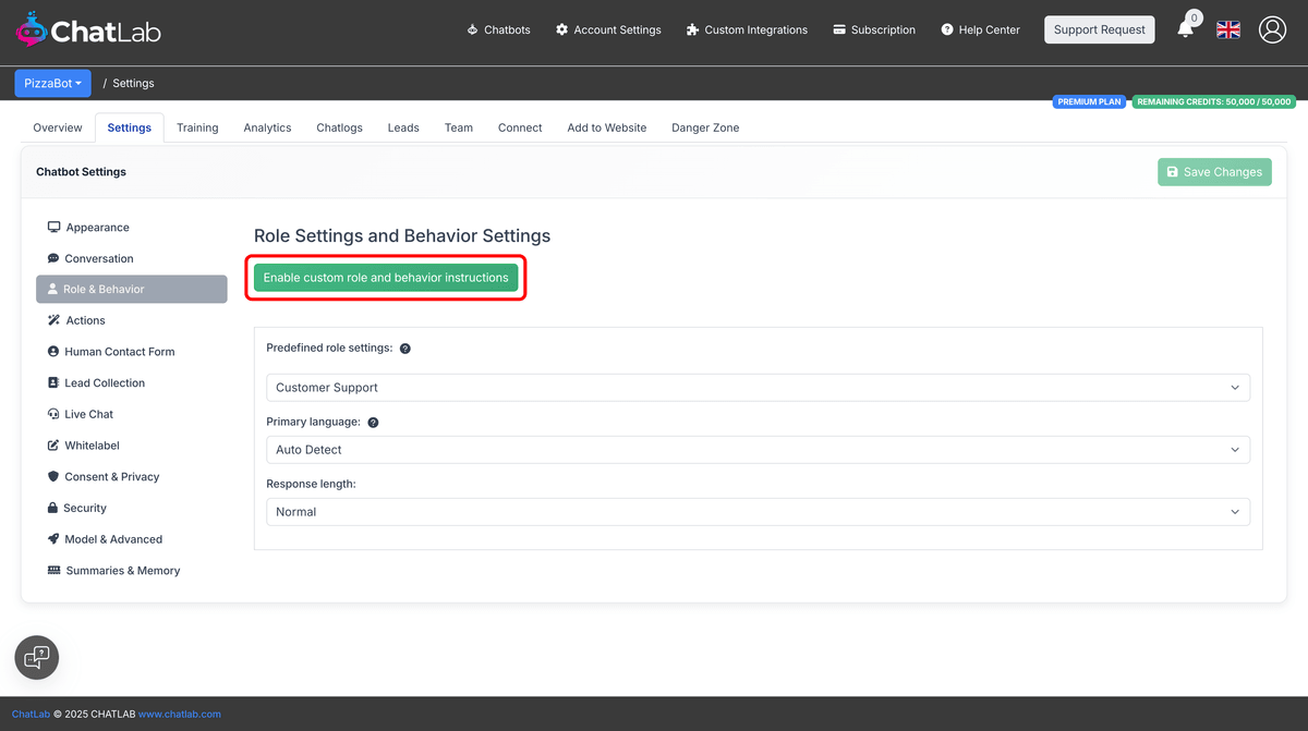 Role & Behavior settings with custom instructions button highlighted