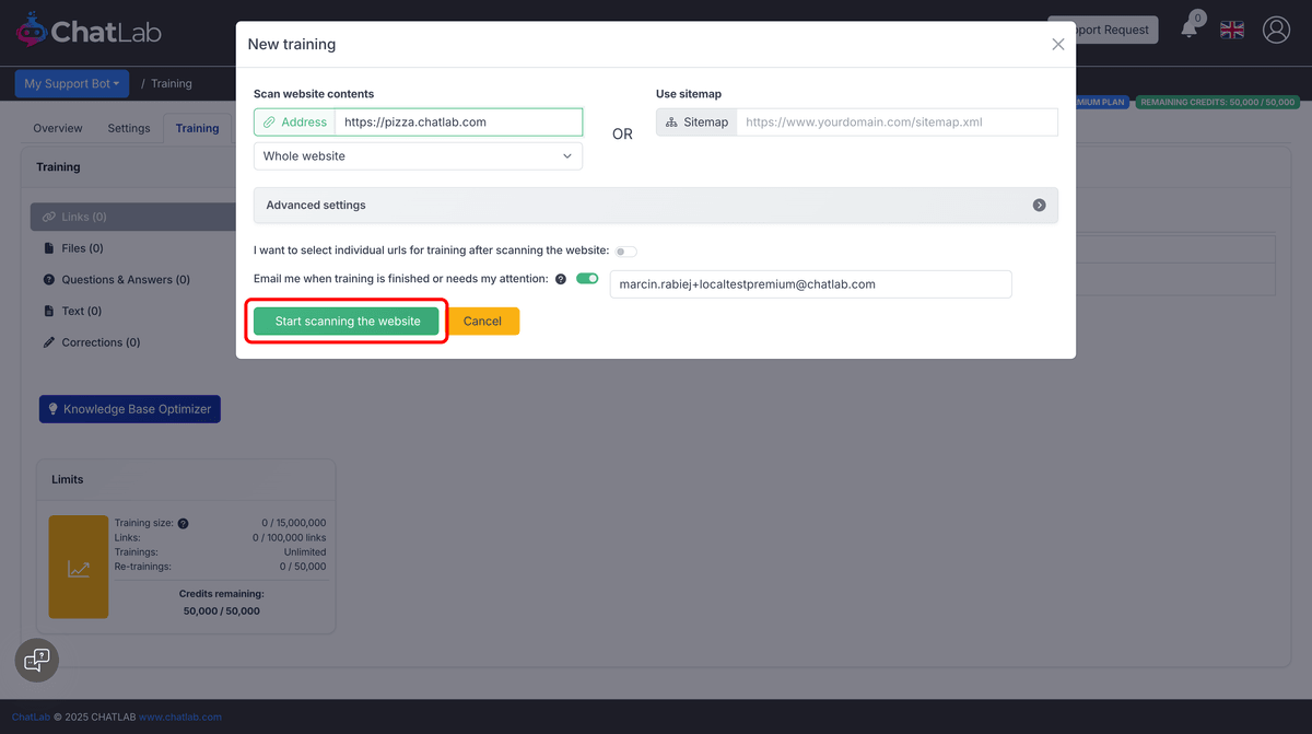 Scan modal with URL filled in