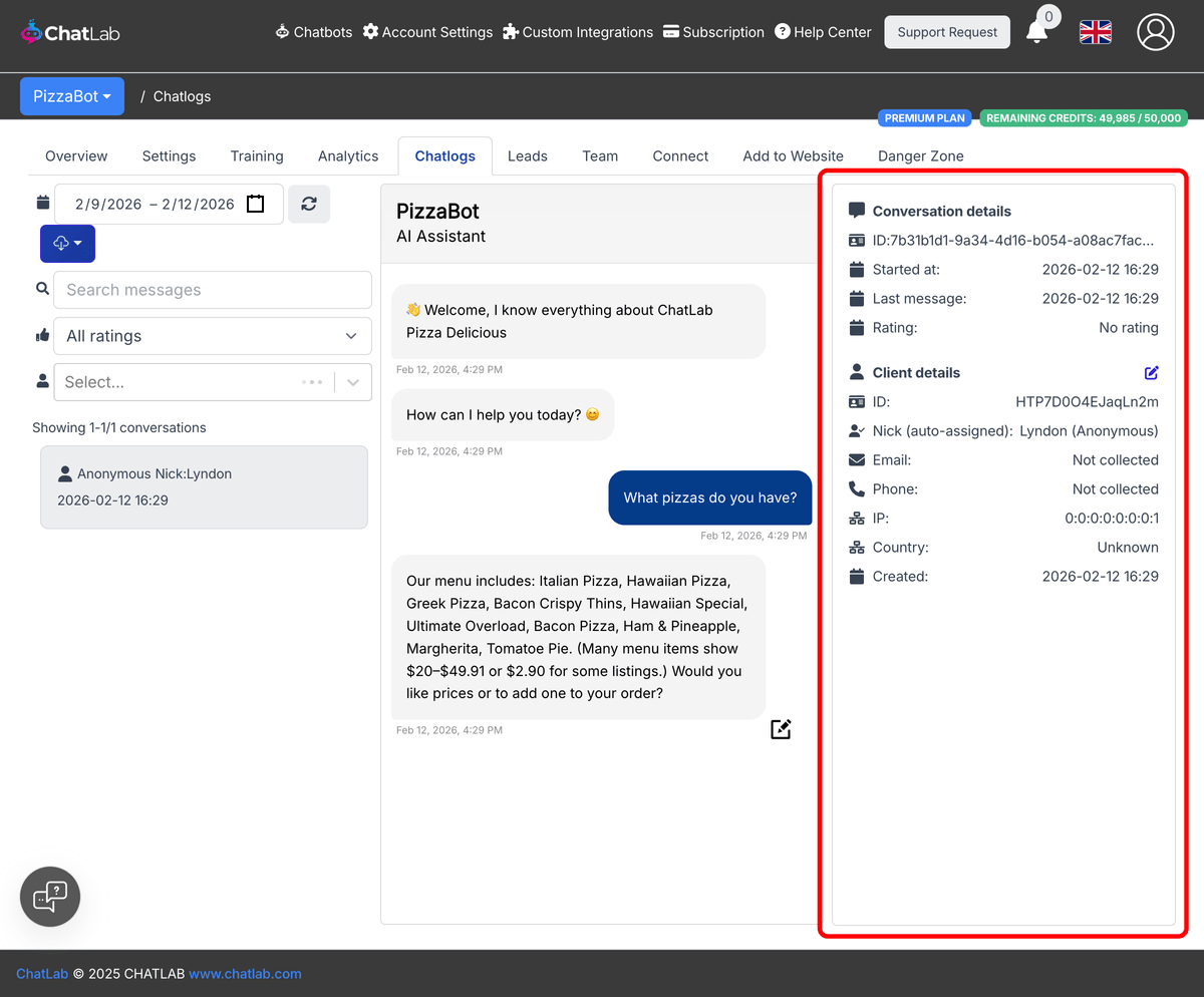 Chatlogs with conversation and client details