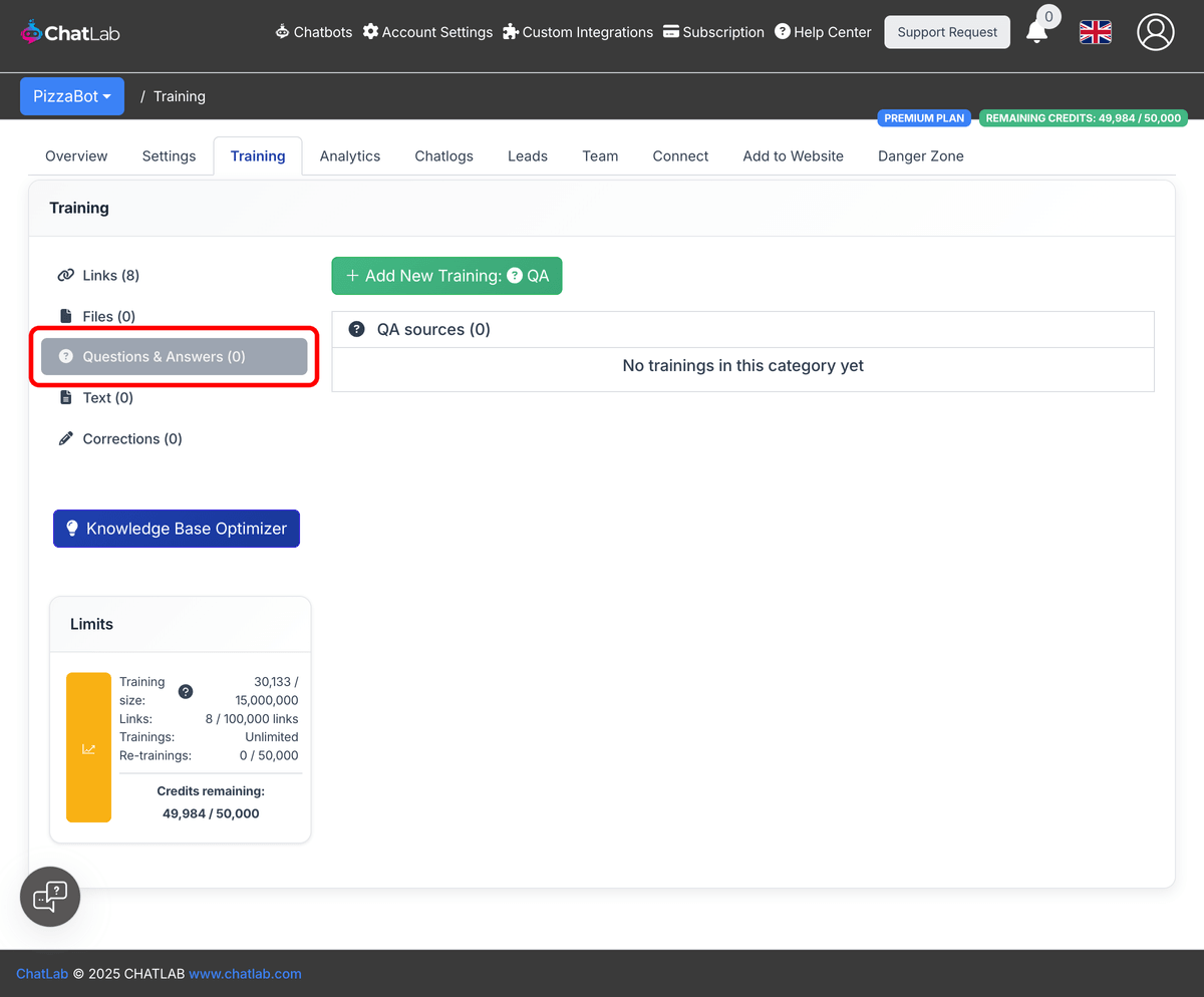Questions and Answers sidebar in Training tab