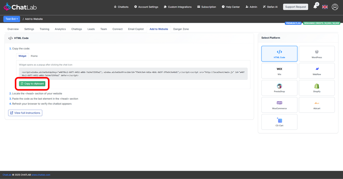 Copy to clipboard button highlighted