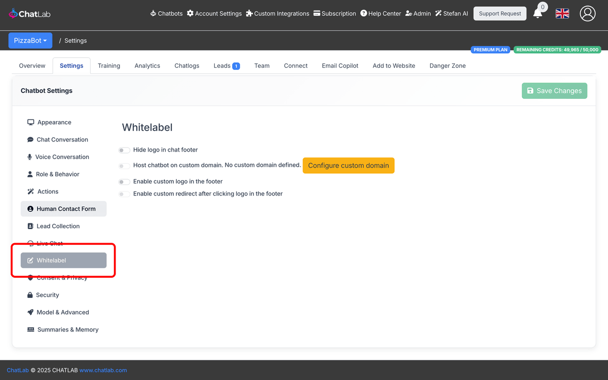 Whitelabel tab in the bot settings sidebar