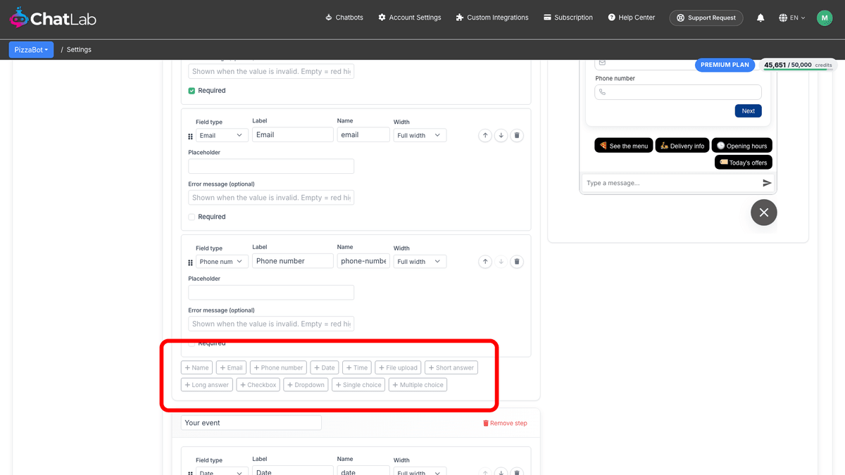 The field-type buttons in the form builder highlighted
