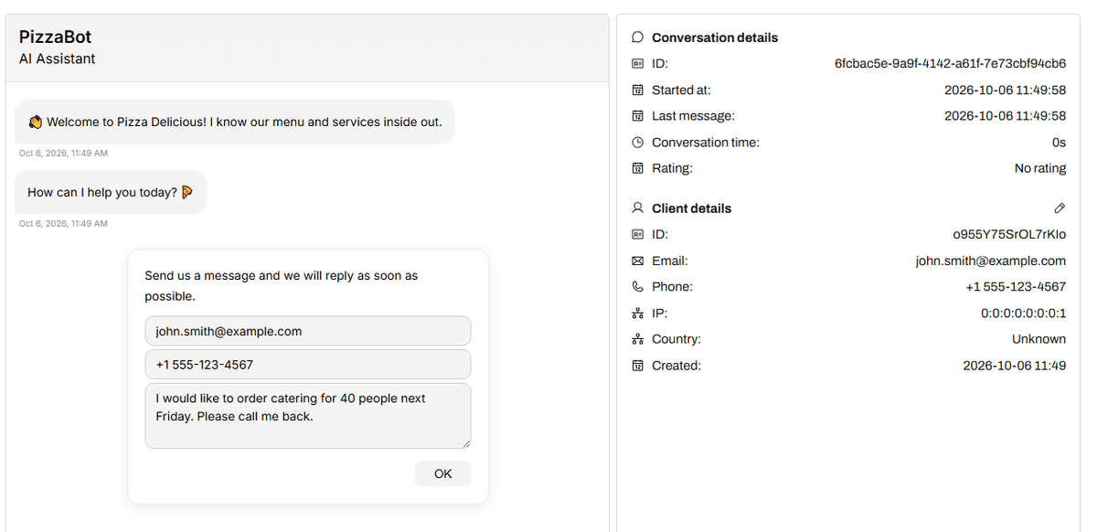 Submitted contact form with a phone number in Chatlogs, with the number also shown under Client details|width=60