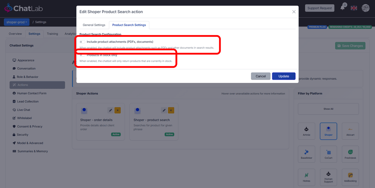 Product Search Settings showing attachment and stock filter options