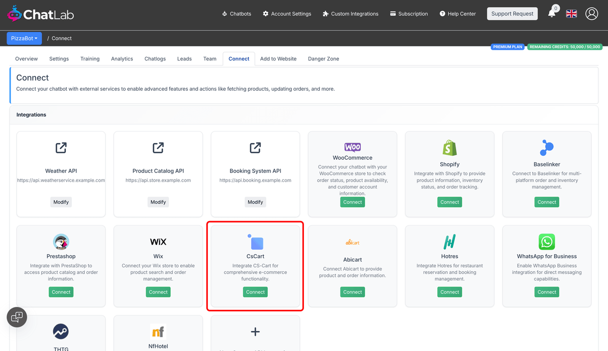 Connect tab showing the CS-Cart integration tile