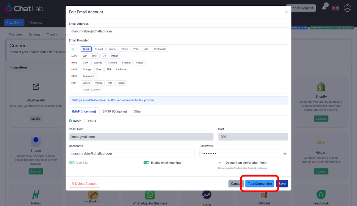 Email account connection dialog with provider picker and IMAP settings