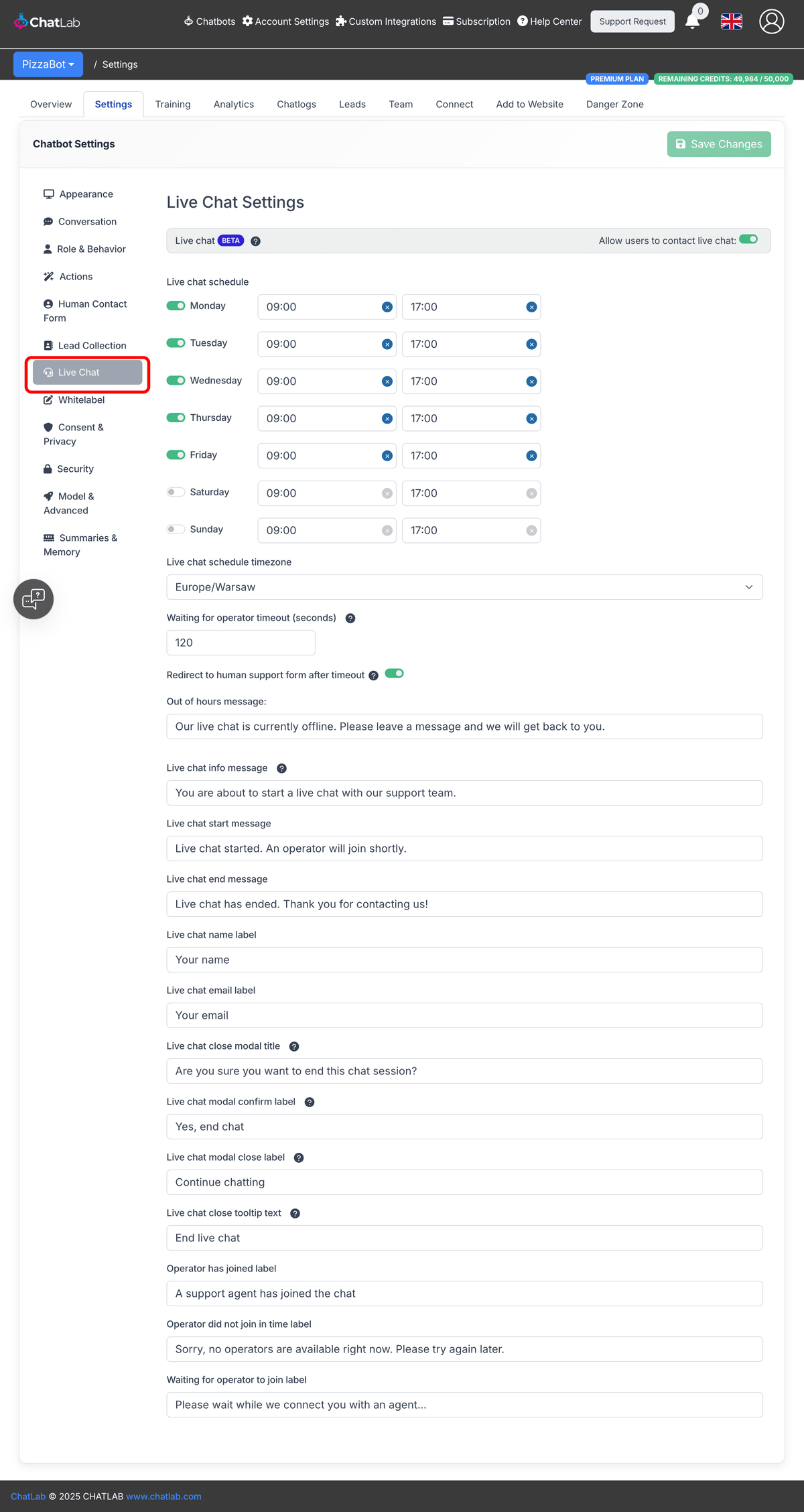 Live Chat settings page showing schedule and messages
