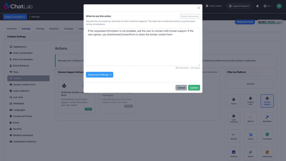 Edit action dialog
