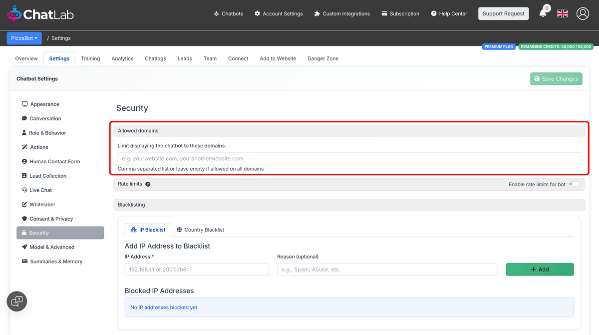 Allowed domains section