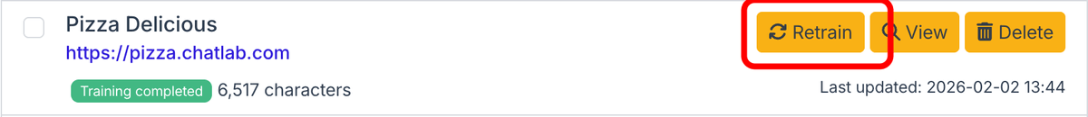 Single link with Retrain button highlighted