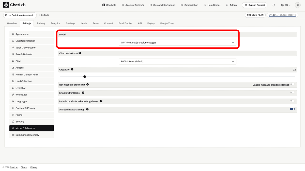 Model dropdown in Model & Advanced settings