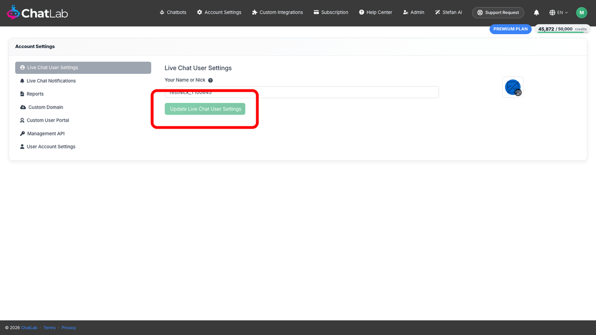 Live Chat User Settings page