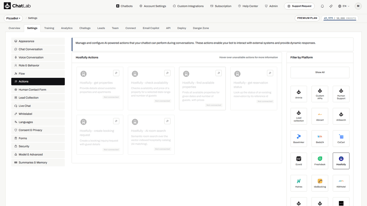Hostfully Actions group in Settings > Actions before the integration is connected