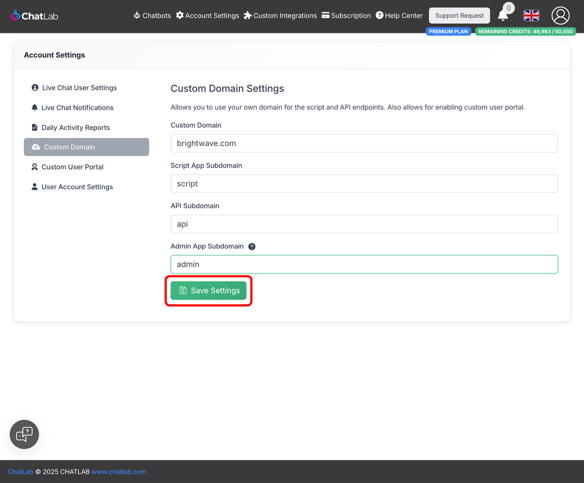 Custom domain form filled with example values