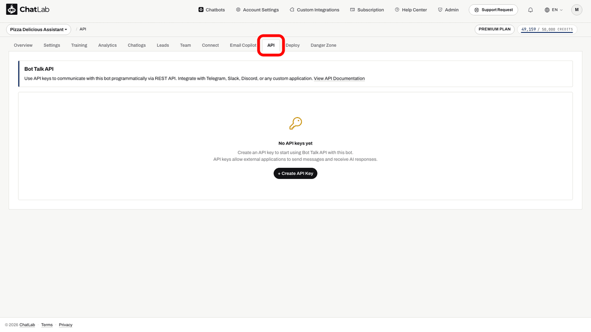 API sekmesi vurgulanmış; Create API Key sayfa içeriğinde yer alıyor