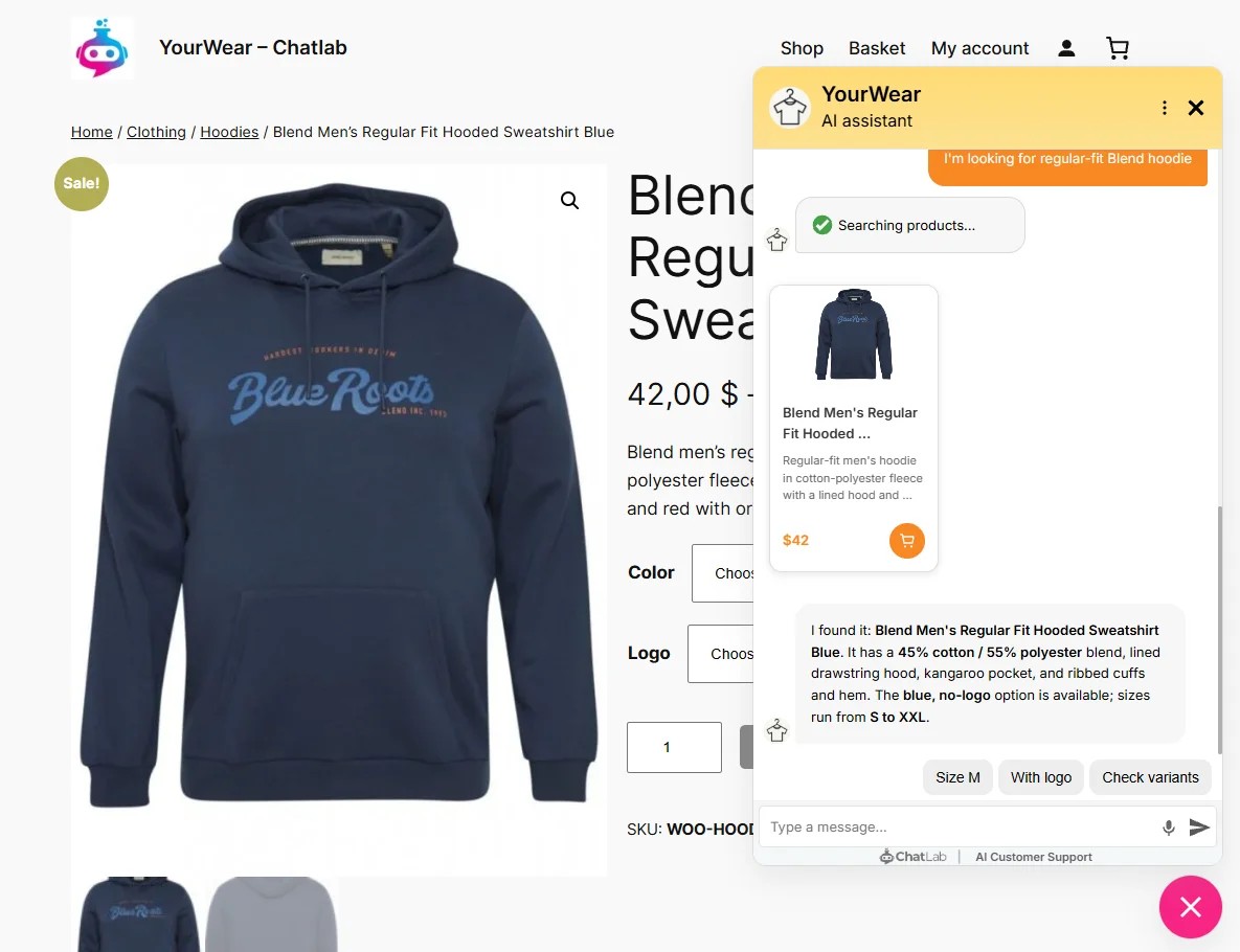 AI Search finds a hoodie from a plain description and shows it as a product card