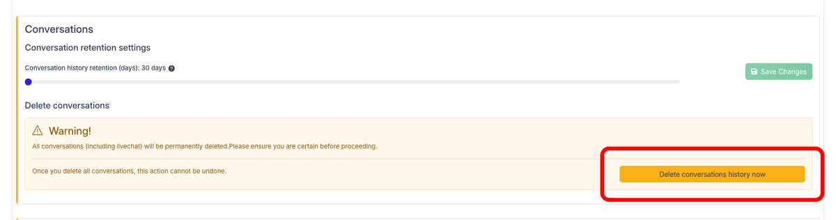 Conversations section with retention slider and delete button