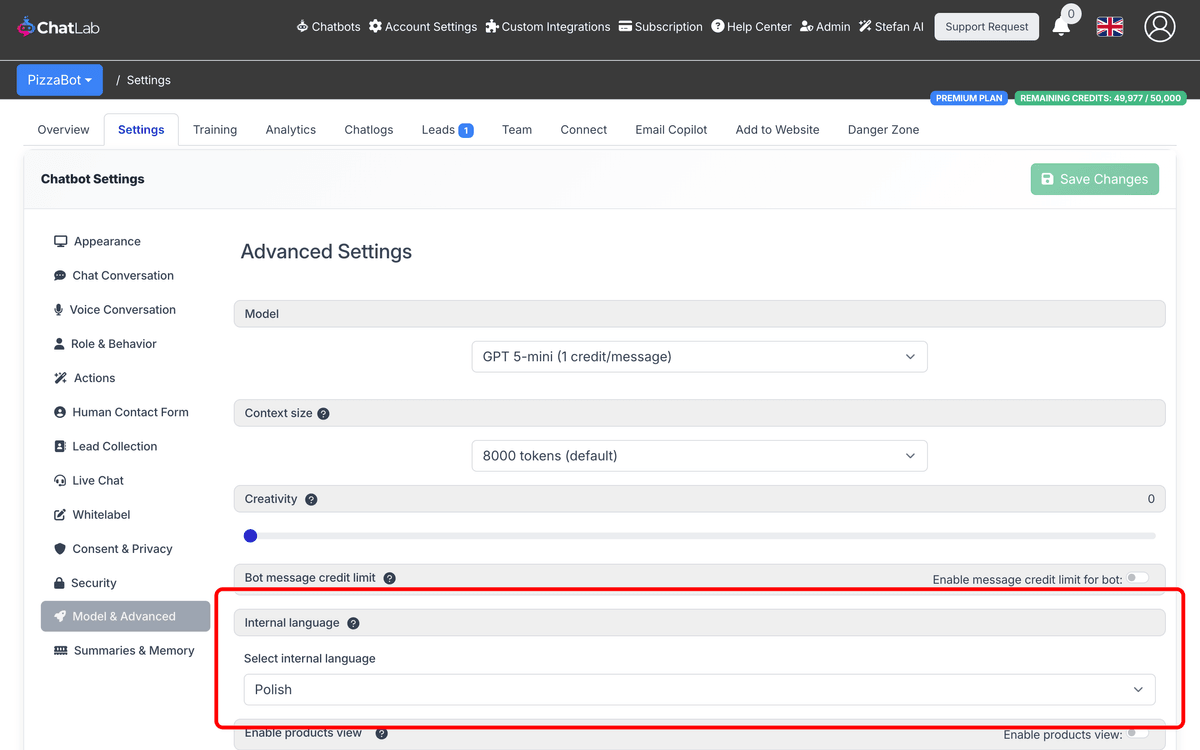 Internal language setting