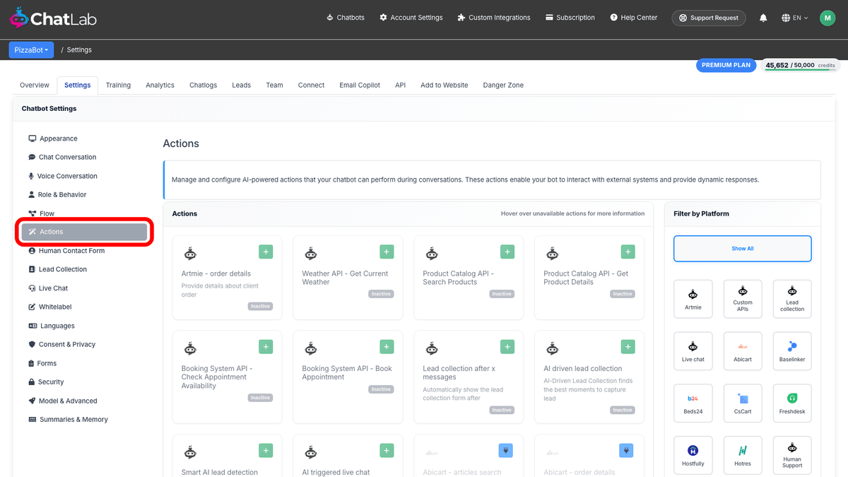 Actions panel in Settings