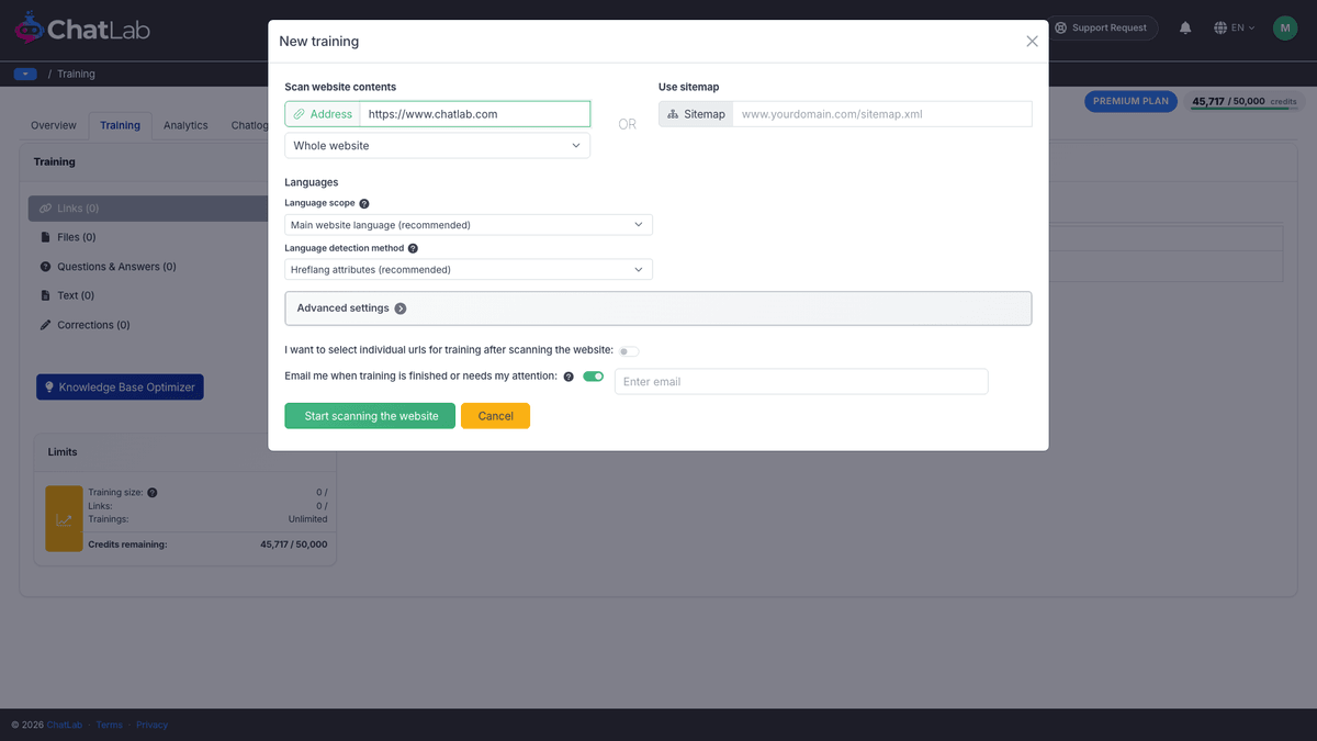 The Languages section of the training form showing the language scope and detection method options