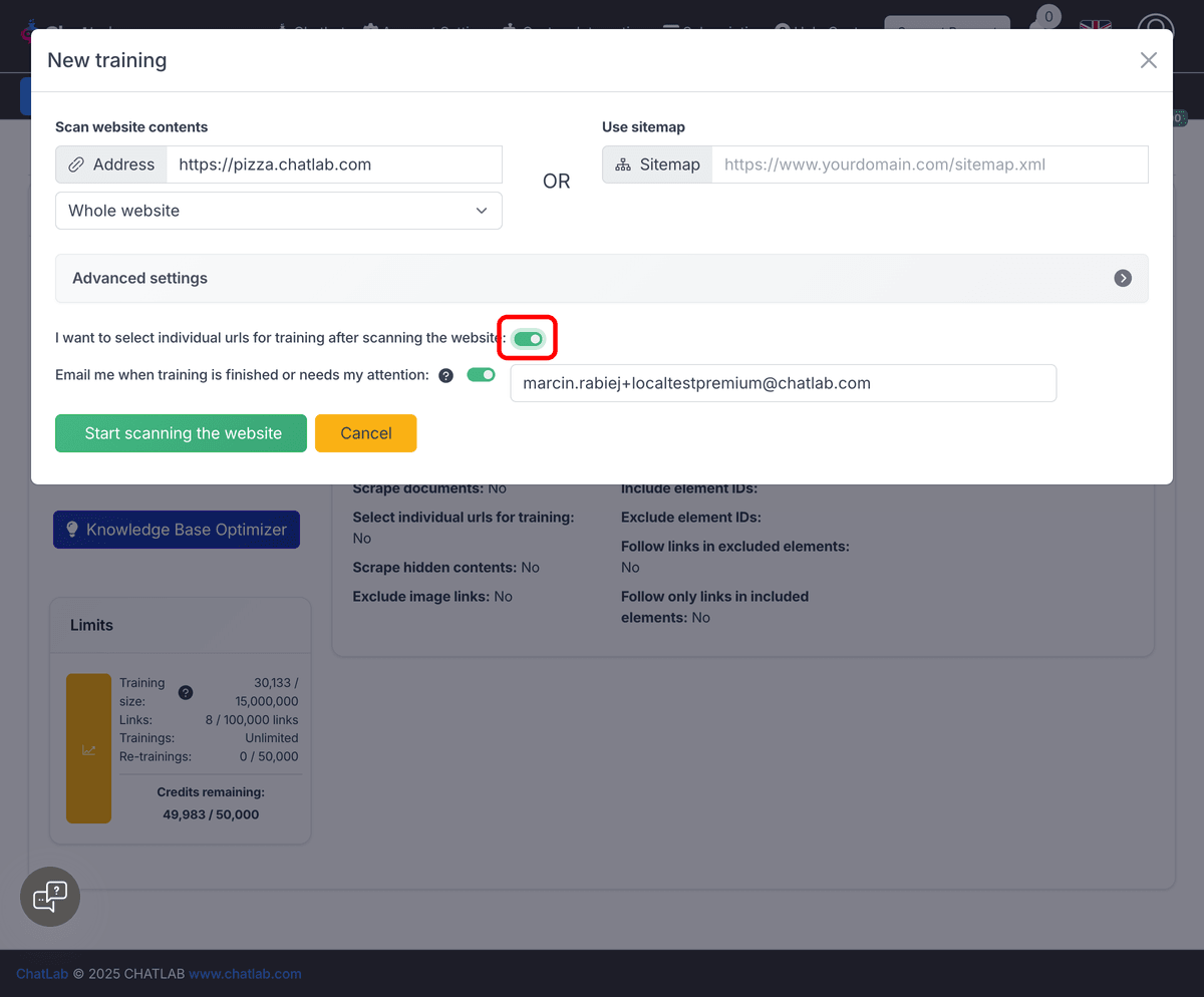 New training dialog with URL selection toggle highlighted