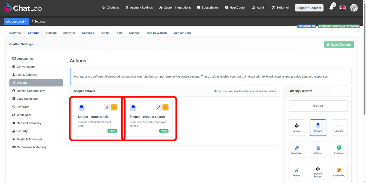 Shoper actions in Settings showing product search and order details