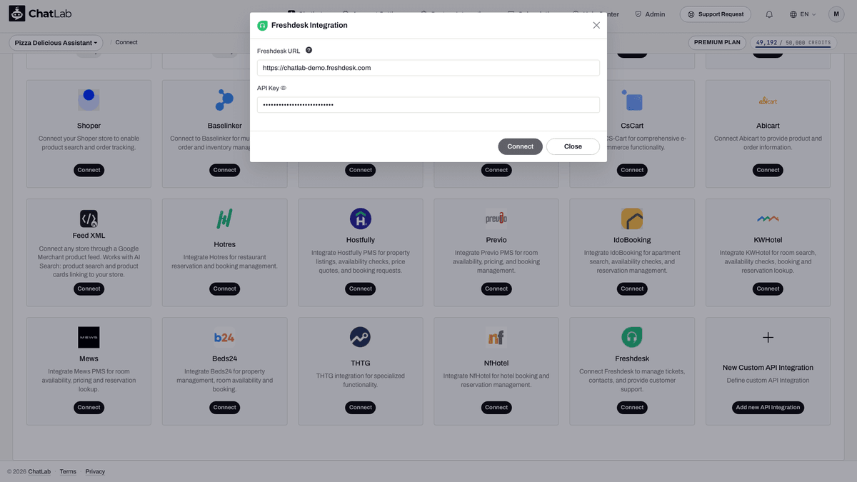 Freshdesk-Verbindungsformular mit Feldern für URL und API-Schlüssel