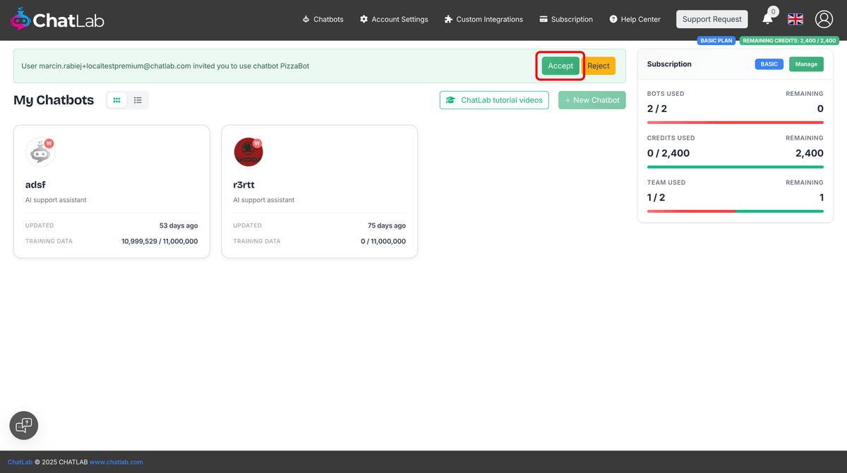 Dashboard showing invitation received banner with Accept and Reject options