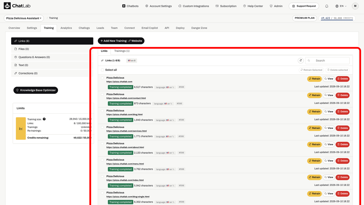 Training links list with the Add New Training button highlighted