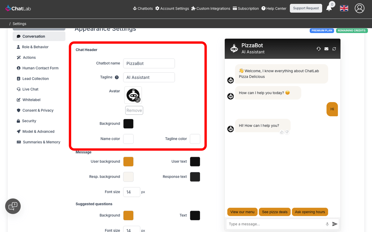 Chat Header settings