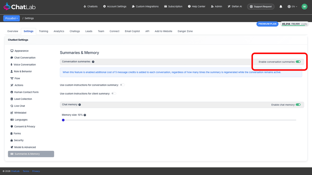Enable conversation summaries