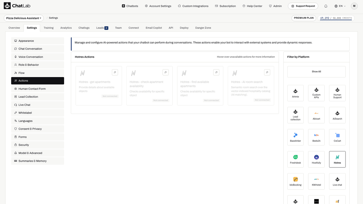 Hotres actions in Settings showing all three available actions