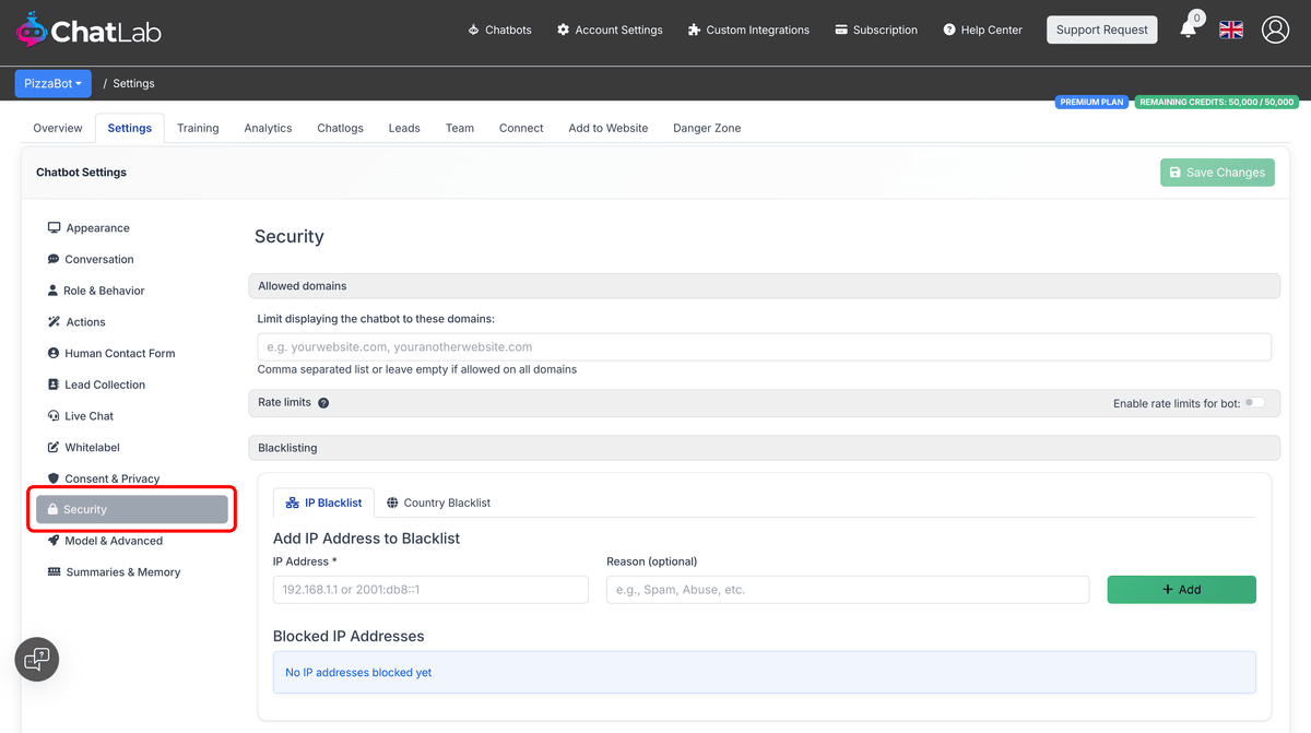Security tab in settings sidebar