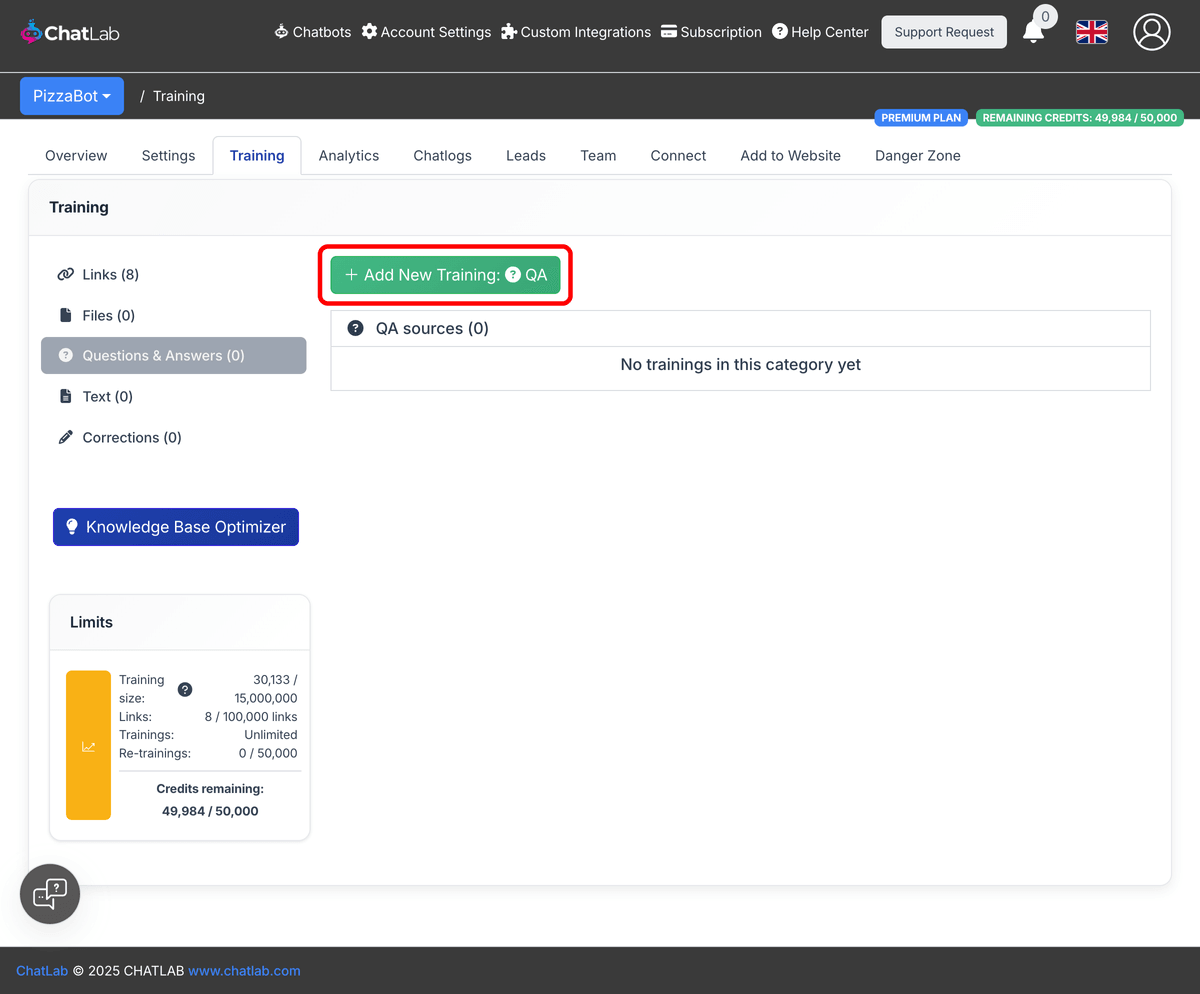 Add New Training QA button