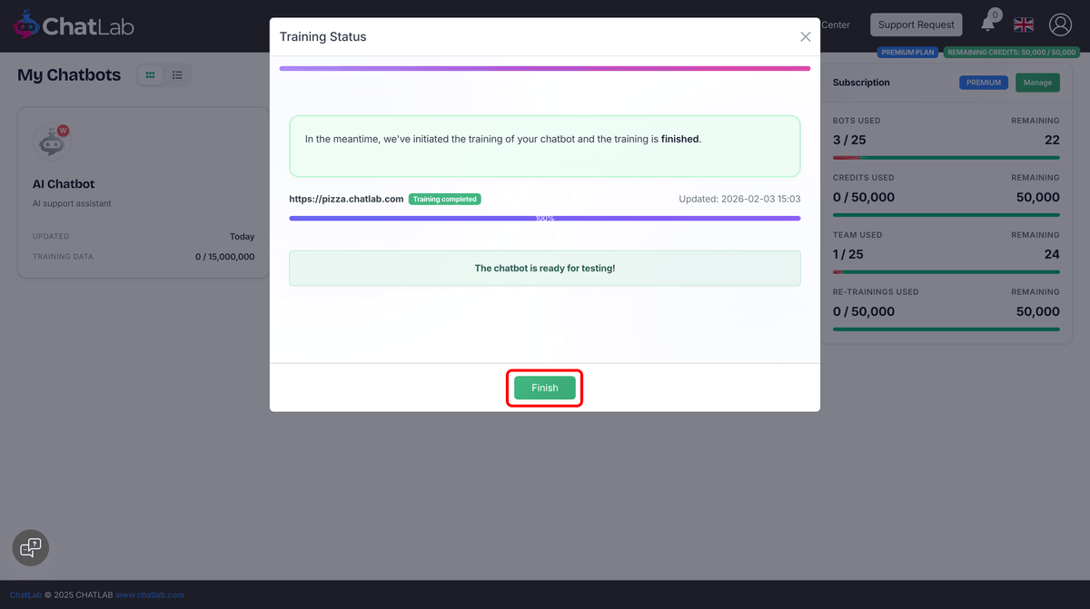 Wizard step 8 - Training status
