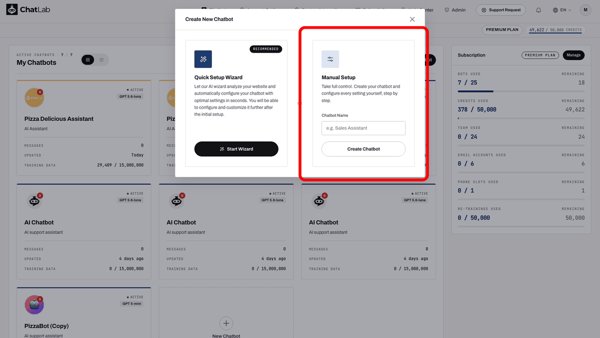 Configuration manuelle - saisir un nom de chatbot