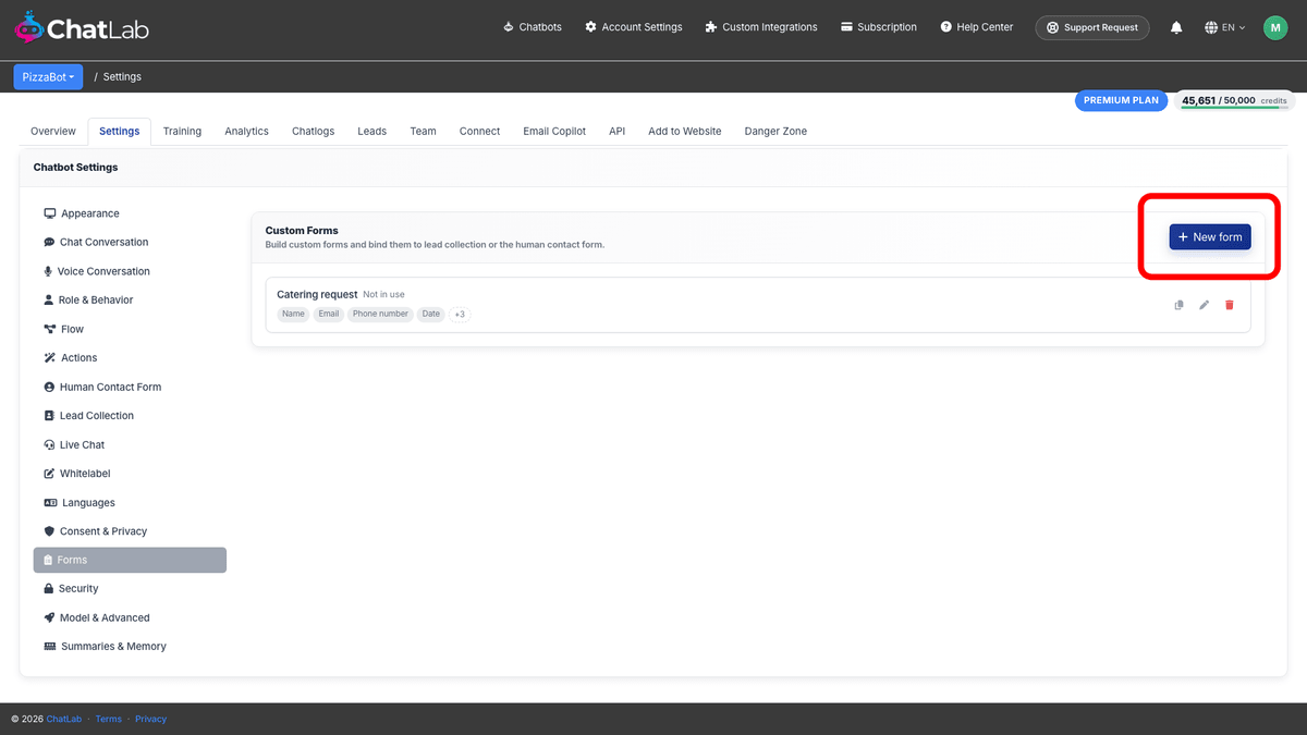 Settings > Forms with the New form button highlighted