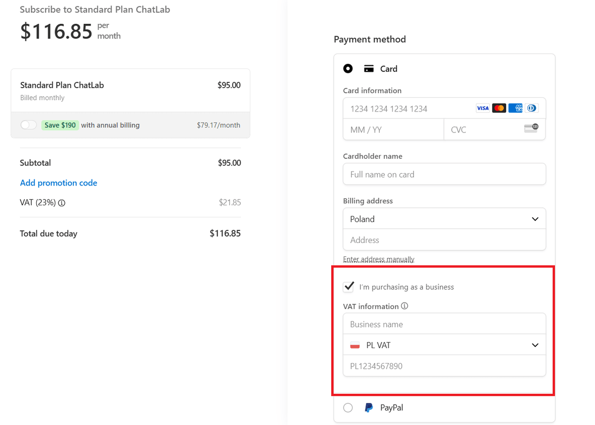 Stripe checkout page showing business purchase checkbox