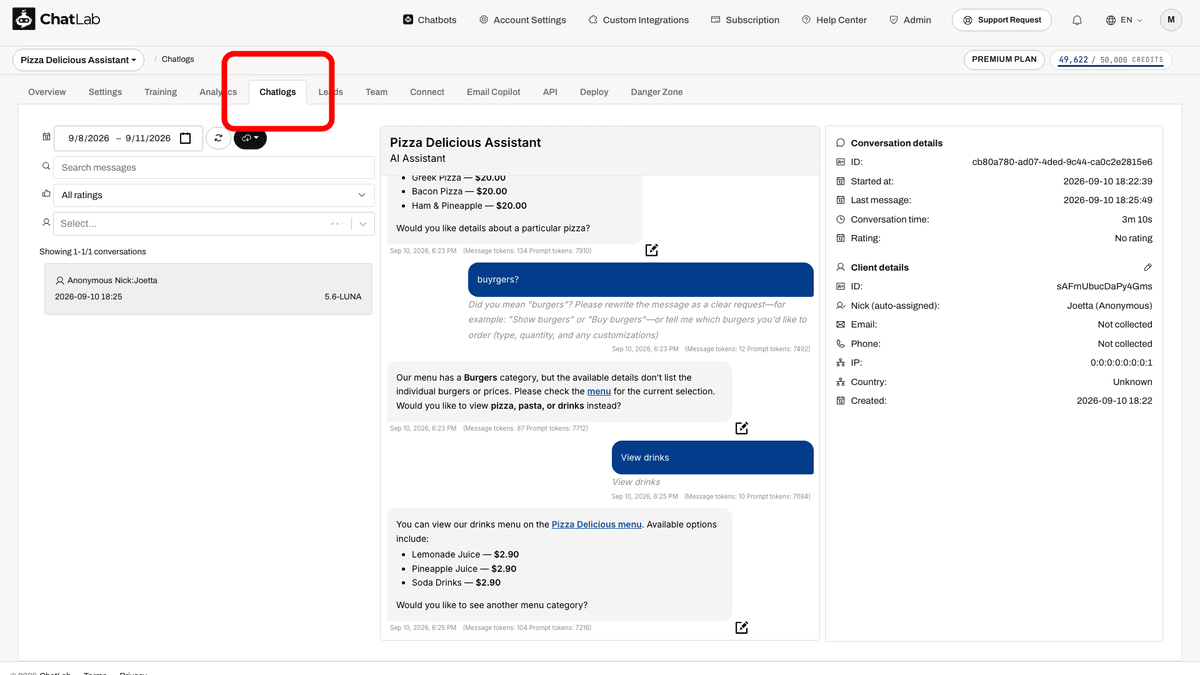 Chatlogs tab highlighted in the bot navigation