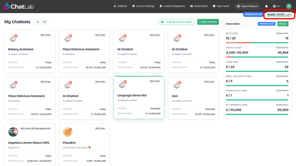 Dashboard with the credits meter in the header red-boxed