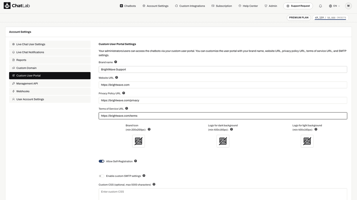 Formulaire des paramètres du Custom User Portal