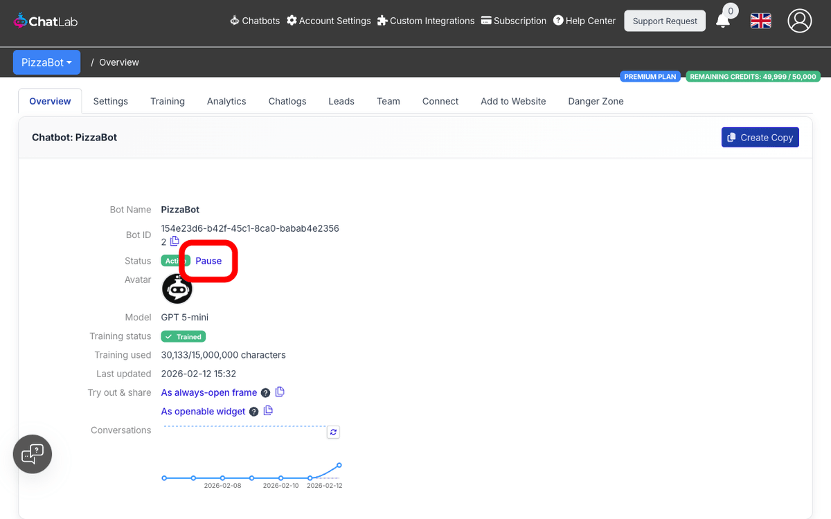 Overview tab showing the Pause link