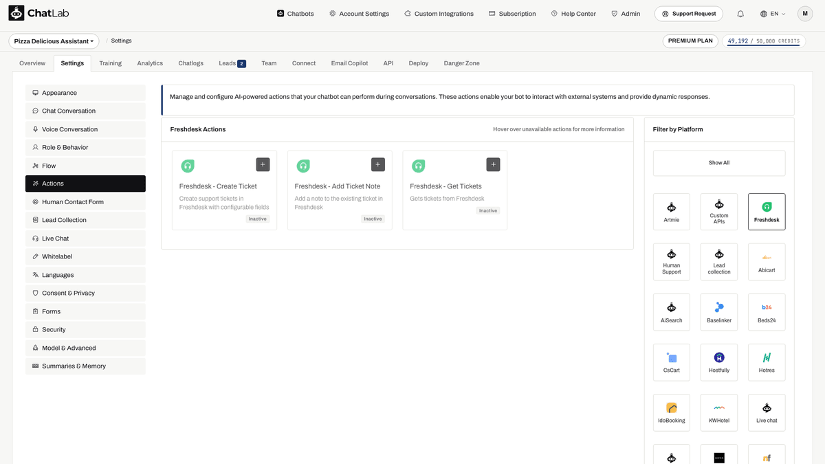 Freshdesk-Aktionen in den Einstellungen mit drei verfügbaren Aktionen