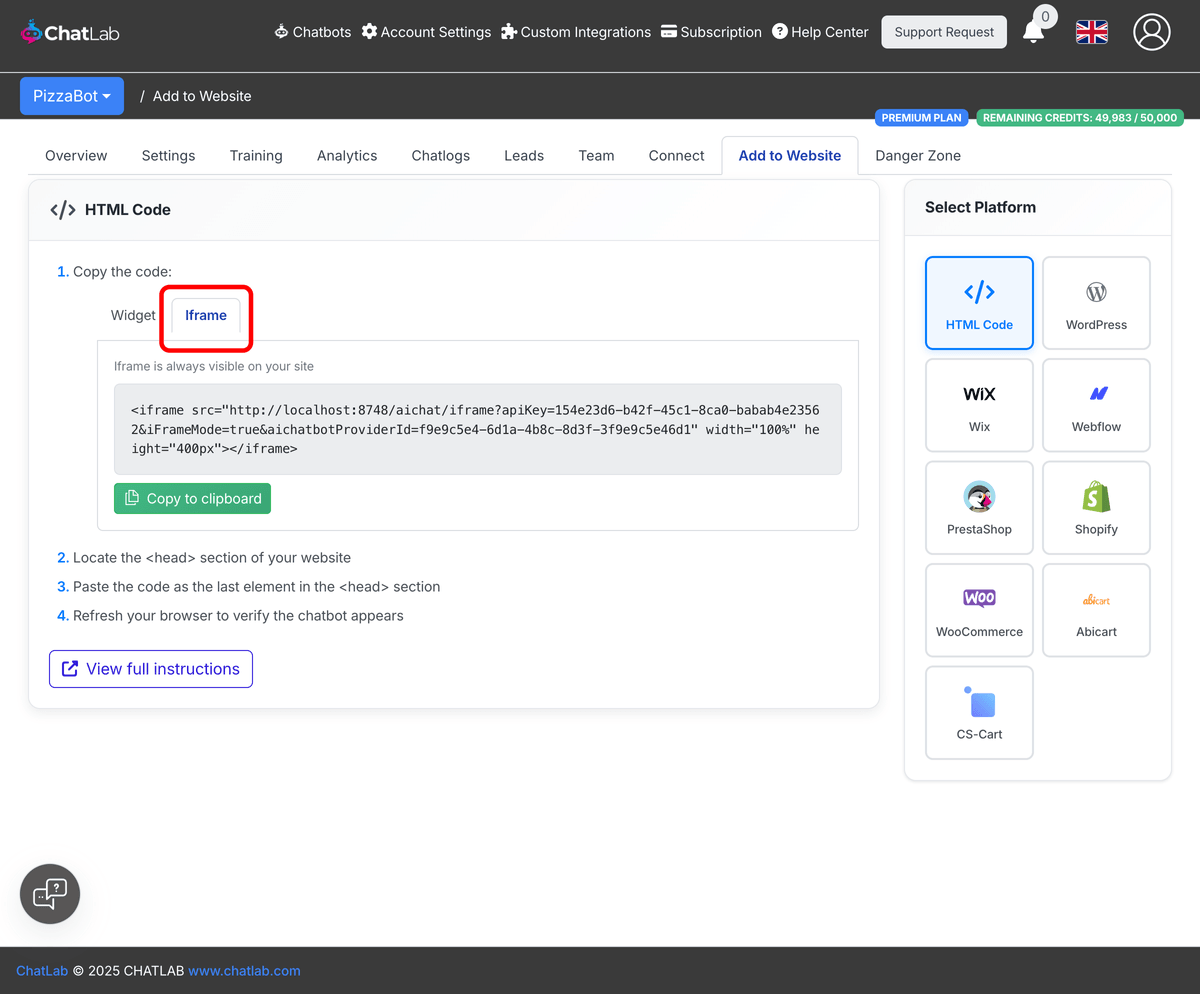 Iframe tab highlighted