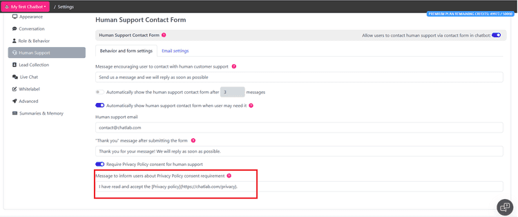 Privacy policy info editor in the chat footer