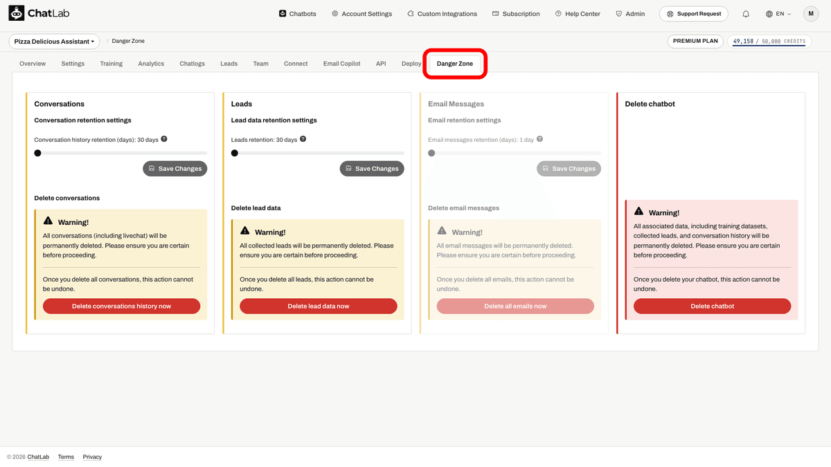 Bot navigation tabs with Danger Zone tab